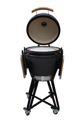 شواية فحم سيراميك 20 بوصة Kamado Grill لون أسود غير لامع 51 سم مع عربة وطاولات جانبية